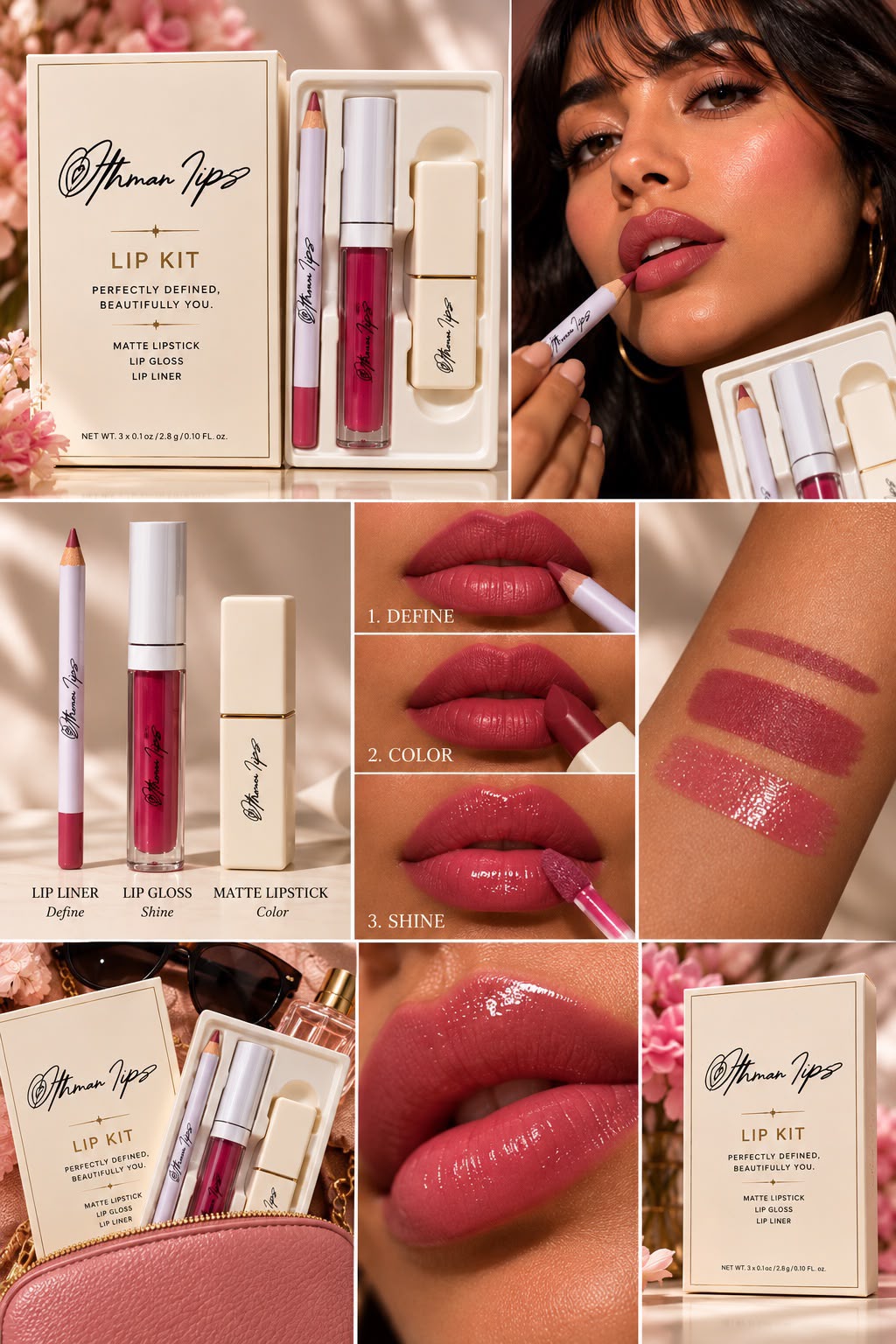 3-Piece Lip Kit – Semi-Matte Lipstick, Lip Gloss & Lip Liner